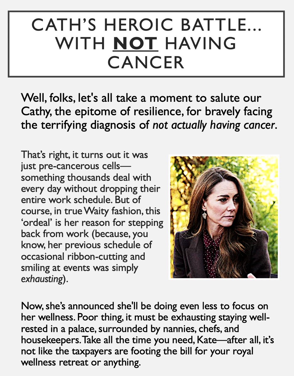 Cath's brave battle with NOT having cancer.

#ThatFamily #KateMiddleton #AbolishTheGreedyMonarchy #AbolishTheMonarchy #NotMyFutureKing #PrincessCatherineofWales