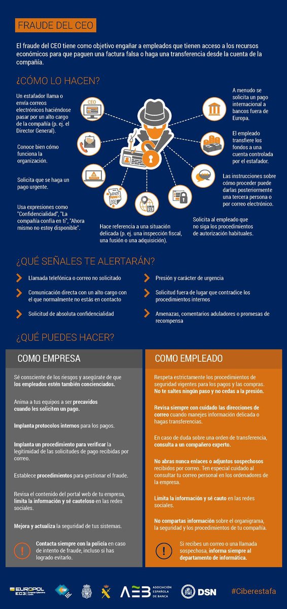 #Ciberseguridad #Fraude del CEO ¿Qué señales te alertarán? ¿Qué puedes hacer? #Phishing #Ciberestafa <a href="/EC3Europol/">EC3</a>