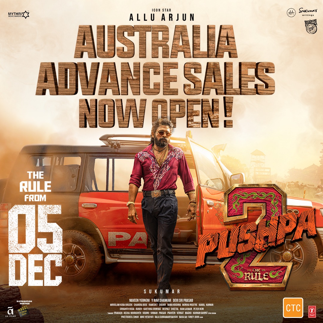 MythriOfficial's tweet photo. Pushpa Raj is all set to takeover the Trans-Tasman region 💥💥💥

#Pushpa2TheRule advance sales now open in Australia and New Zealand ❤️‍🔥

GRAND RELEASE WORLDWIDE ON 5th DECEMBER, 2024.

#Pushpa2TheRuleOnDec5th

Icon Star @alluarjun @iamRashmika @aryasukku #FahadhFaasil @ThisIsDSP @SukumarWritings @MythriOfficial @AAFilmsIndia @Ags_production @E4Emovies @NCinemasbly @MythriRelease @TSeries