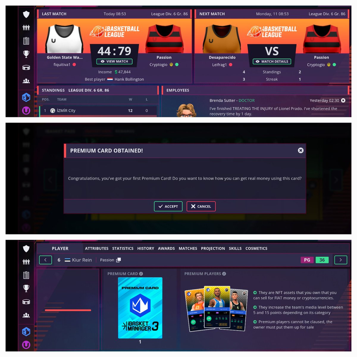 CryptoGi0's tweet photo. Won another match 🏀🏆
@ibasketmanager 

- 2nd Place In The League🥈
- Premium Card Obtained! 🪪
- Best Player Hank Bollington ⛹🏾

1st player to become a NFT ⚖️🤹🏽‍♂️🔥
#IBM3 #Basketbal #Web3 #NFTs #immutable https://t.co/cnM3cASoXz
