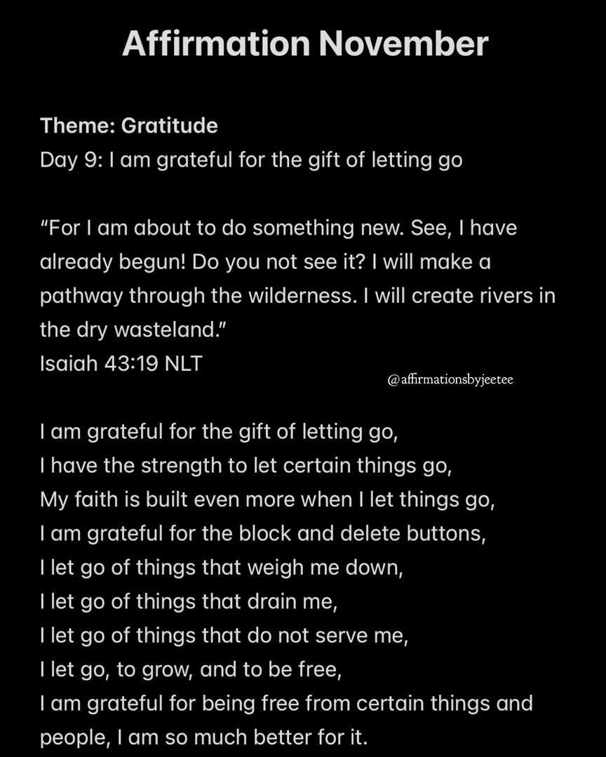 AffirmbyJeetee's tweet photo. Dear Royal,

Challenge: Holding on can sometimes hold us back from the real blessings. Letting go releases a certain super power you never thought you had! Today, reflect on your super strength and thank God for letting go of some things!
You're a masterpiece.

Shine ✨ https://t.co/ozRjnAHKf4