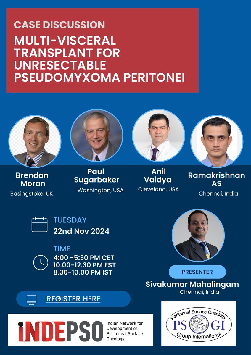 Peritoneal Surface Oncology Group International (@psogi_ec) on Twitter photo The 2nd session will be on zoom
in conjunction with <a href="/indepso/">INDEPSO</a>
CASE DISCUSSION: Unresectable PMP treated by multivisceral transplant
with <a href="/PSugarbaker/">Paul H Sugarbaker</a> <a href="/Brendan92855812/">Brendan Moran</a> <a href="/AnilV_AHEL/">Prof. Dr.Anil Vaidya</a> #RamakrishnanAS
f/b A brief overview of multivisceral transplant for PMP by <a href="/AnilV_AHEL/">Prof. Dr.Anil Vaidya</a> The 2nd session will be on zoom
in conjunction with <a href="/indepso/">INDEPSO</a>
CASE DISCUSSION: Unresectable PMP treated by multivisceral transplant
with <a href="/PSugarbaker/">Paul H Sugarbaker</a> <a href="/Brendan92855812/">Brendan Moran</a> <a href="/AnilV_AHEL/">Prof. Dr.Anil Vaidya</a> #RamakrishnanAS
f/b A brief overview of multivisceral transplant for PMP by <a href="/AnilV_AHEL/">Prof. Dr.Anil Vaidya</a>