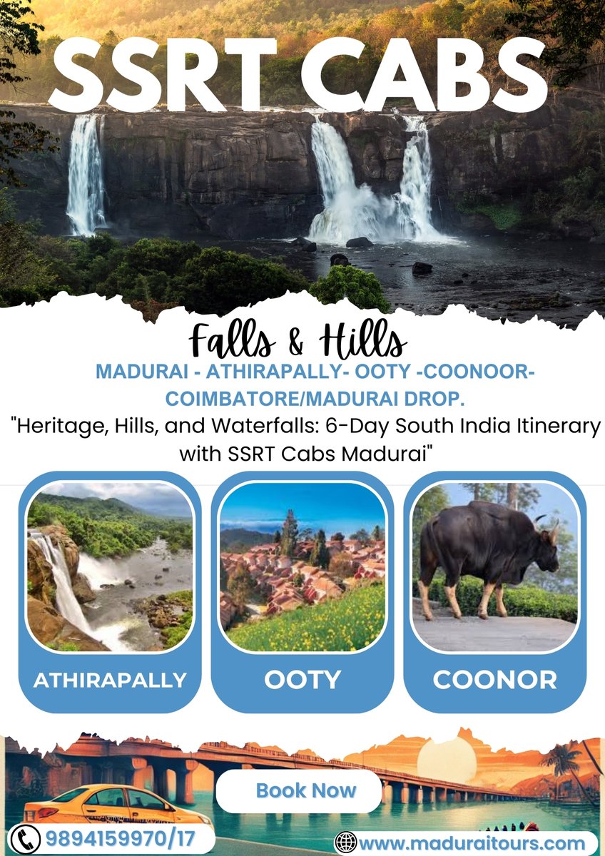 SSRTCABS's tweet photo. 🚖 Start with #SSRTCabsMadurai!
Day 1: #MeenakshiTemple 🌆
Day 2: #AthirapallyFalls 🌊
Day 3: #Ooty Gardens 🏞️
Day 4: Doddabetta &amp; Tea Factory 🌹
Day 5: #Coonoor 🌄
Day 6: #IshaFoundation 🙏 https://t.co/s7kNZK7npp