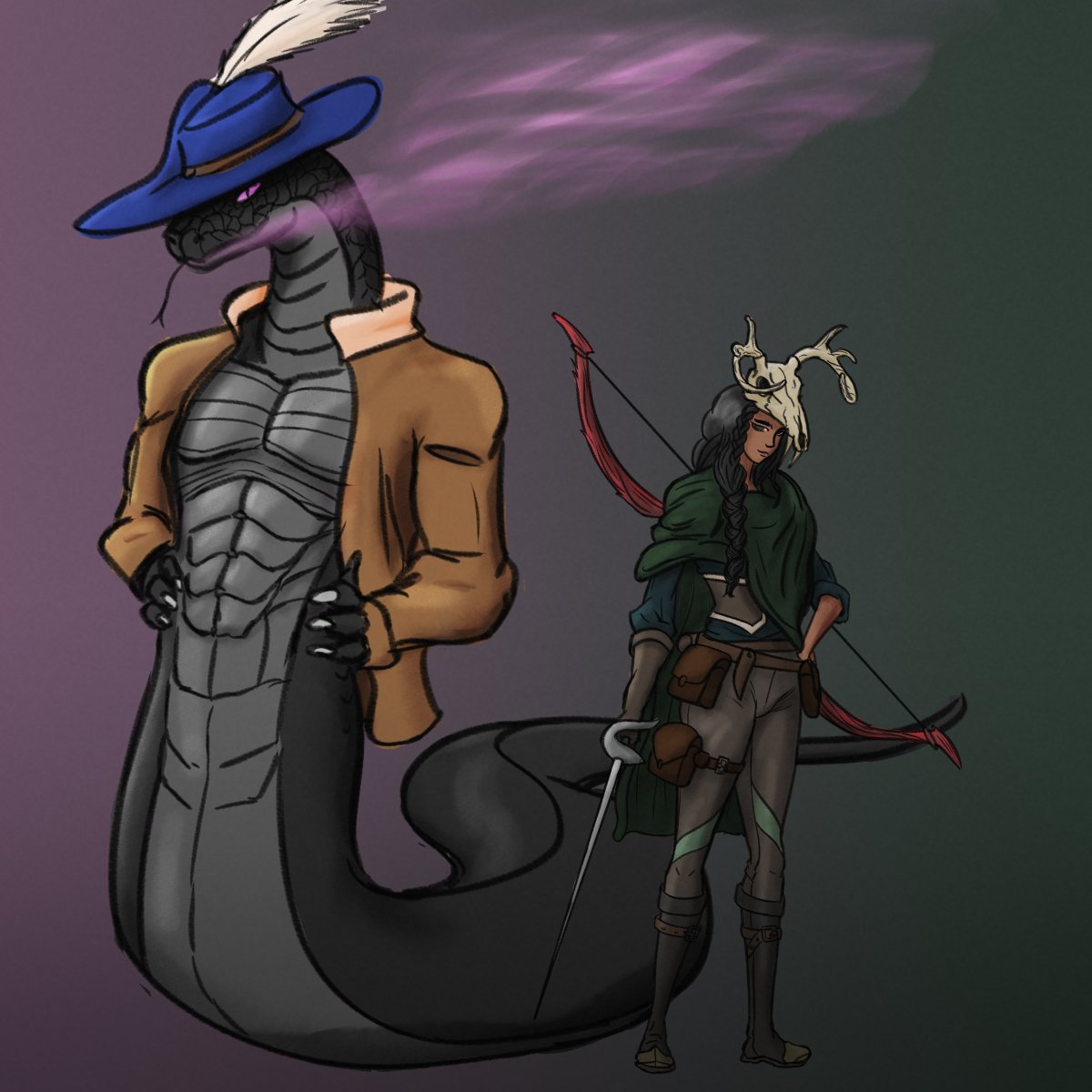 Drew my hot snake boy again and his (also hot) rogue homie from our kingmaker game.

Rogue homie belongs to <a href="/tallcelly/">Celeste</a>