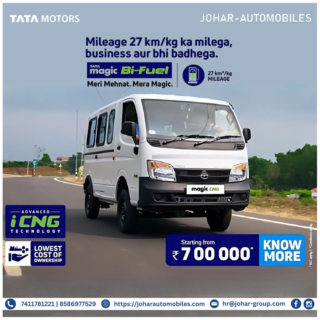 johartatamotors's tweet photo. TATA MAGIC Bi-Fuel ke saath paaye 27km/kg ka zabardast mileage, jo aapke business ko de nayi raftar aur bachat ka bharosa!

गाड़ी बुक करने के लिए संपर्क कीजिए जौहर ऑटोमोबाइल्स- : +918586977331
.
.
#joharautomobiles #DeshKeTrucks #TataMotors #Buses #TataMagicbifuel #TataMagic https://t.co/26peo30X2d