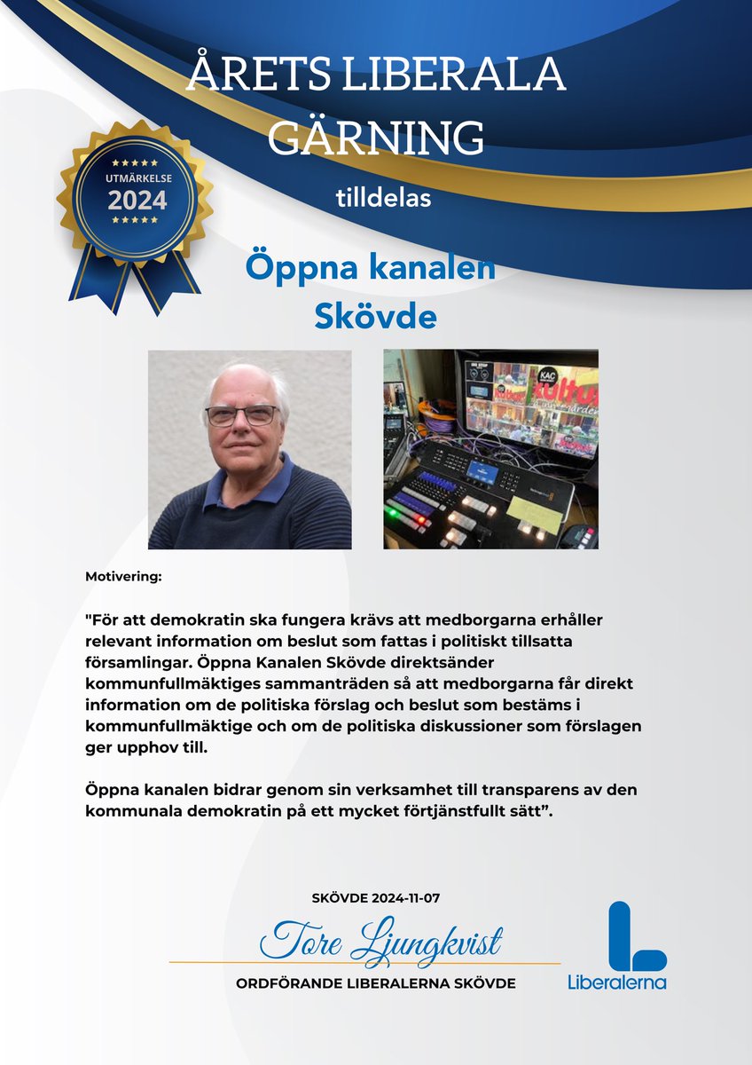 LibSkovde's tweet photo. Öppna kanalen ( webb-tv)och Skövde närradioförening fick ”Årets Liberala gärning pris” för genom sitt arbete bidra till att transparensen av den kommunala demokratin sprids. https://t.co/XMhsJFwff8