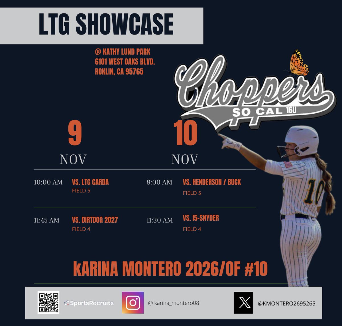 KMontero2695265's tweet photo. Excited for the weekend, to show my skills at the LTG showcase. #playforgary🧡 @chop12chop12 @BroncoSportsSB @Sports_Recruits @SacStSoftball #BlessedAndGrateful https://t.co/wkQpcxjVAC