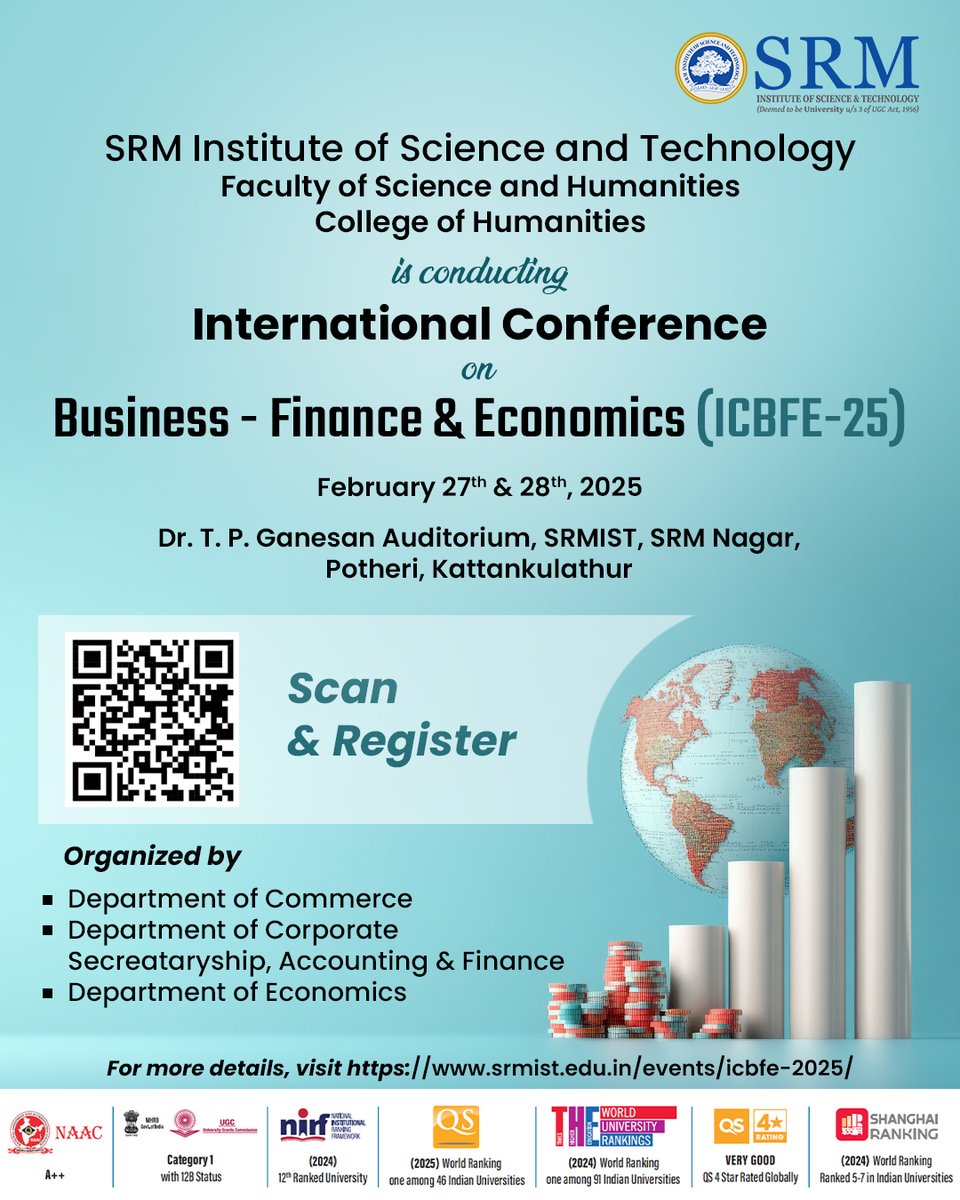SRM_Univ's tweet photo. Upcoming #InternationalConference on Business, Finance & Economics (#ICBFE), on February 27 and 28, 2025.
To register, please use the following link: https://t.co/It13JJXaHe
Submit your papers to: icbf@srmist.edu.in
#SRMIST #SRMFSH #Accounting #innovation #SRMUniversity https://t.co/VAlcYfv1XW