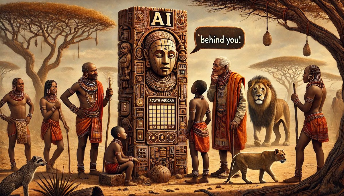 Mobiloitte_sa's tweet photo. Buffa AI: The Lion Detector
Long ago in South Africa, tribal elders built Buffa AI to predict hunting spots. Its best advice? “Try behind you!” It was funny until they found a lion back there. 😂

#Mobiloitte #weekendfun 
#CommunityEngagement  
#ai #africanas  
#humour #Africa https://t.co/AU9gsDv2un
