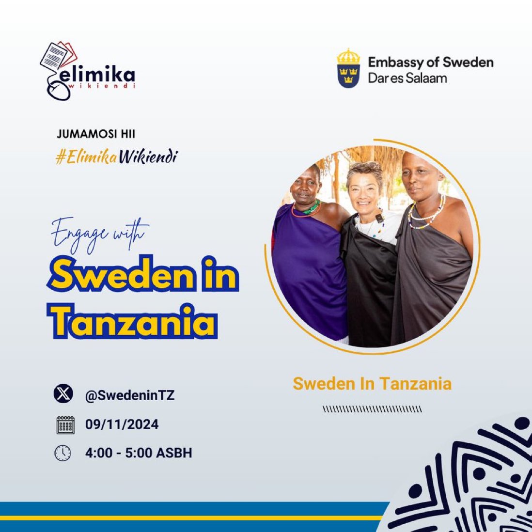 MarekaMalili's tweet photo. Karibuni kwenye KIPINDI MAALUM kwenye #HojaZetu cha #EngageWith Sweden In Tanzania! ambapo @SwedeninTZ wataangazia ushirikiano wao na wadau wa maendeleo nchini katika kuwawezesha wanawake #ElimikaWikiendi https://t.co/qnphchOfUm