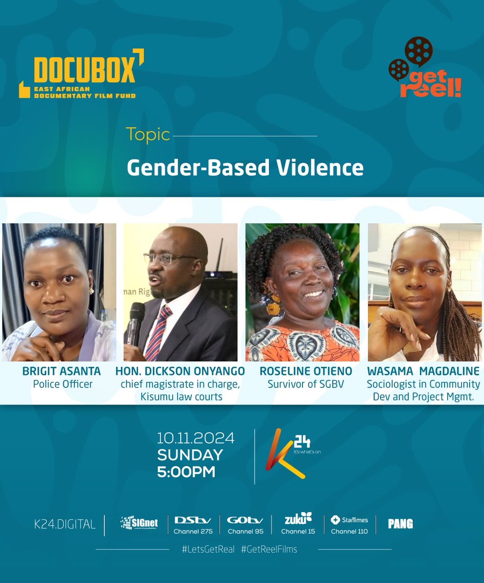 K24Tv's tweet photo. Join the conversation on Gender-Based Violence this Sunday, November 10, at 5:00 PM on K24 TV. Tune in to hear insights from experts and survivors, exploring crucial perspectives on addressing and preventing gender-based violence. #LetsGetReal #GetReelFilms https://t.co/s1GJXCjUy6