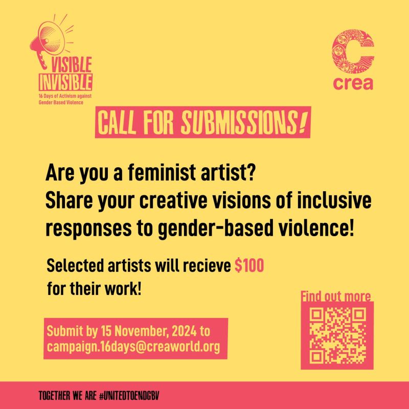opportunitiesfy's tweet photo. 🎨 Call for Artists! 🎨 Submit your work for CREA's ‘Visible/Invisible’ #artcompetition in the 16 Days of Activism🖌️$100 &amp; campaign feature for selected artists!

🗓️ Deadline: 15 November 2024
📖 Visit: https://t.co/XrGUggRm0J

#GenderJustice #VisibleInvisible #GBV #CREA https://t.co/Rl9tmJRfG8