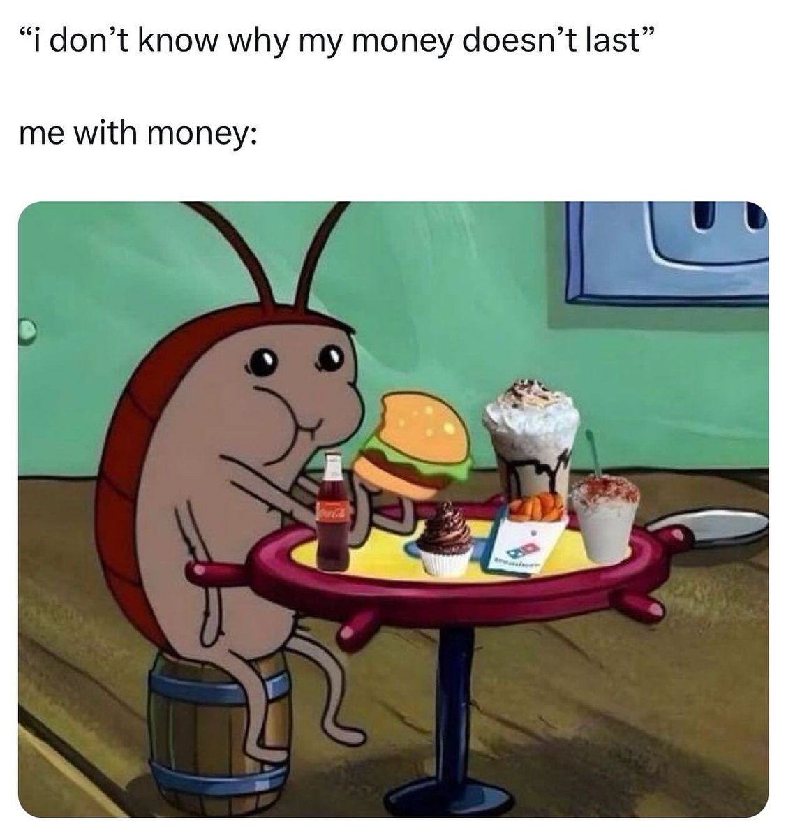 Memes speak to the culture and the current state of affairs.

15 years ago nobody considered grabbing a burger a coke and a snack a tremendous waste of money that keeps you poor.

Things were affordable.

Memes like this genuinely make me sad.

Let’s bring the good times back.