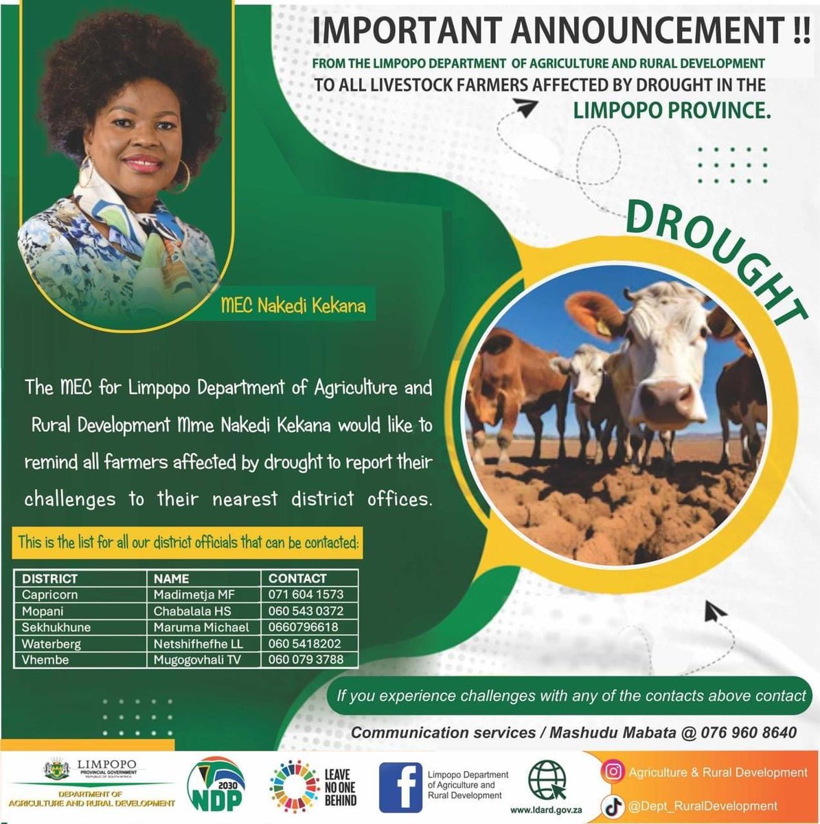 PhophiRamathuba's tweet photo. Reminder to all farmers affected by drought. If we don’t know, we can’t assist. #LetsDoMoreTogether 🙏🙏 https://t.co/eAHgT6Dsjt