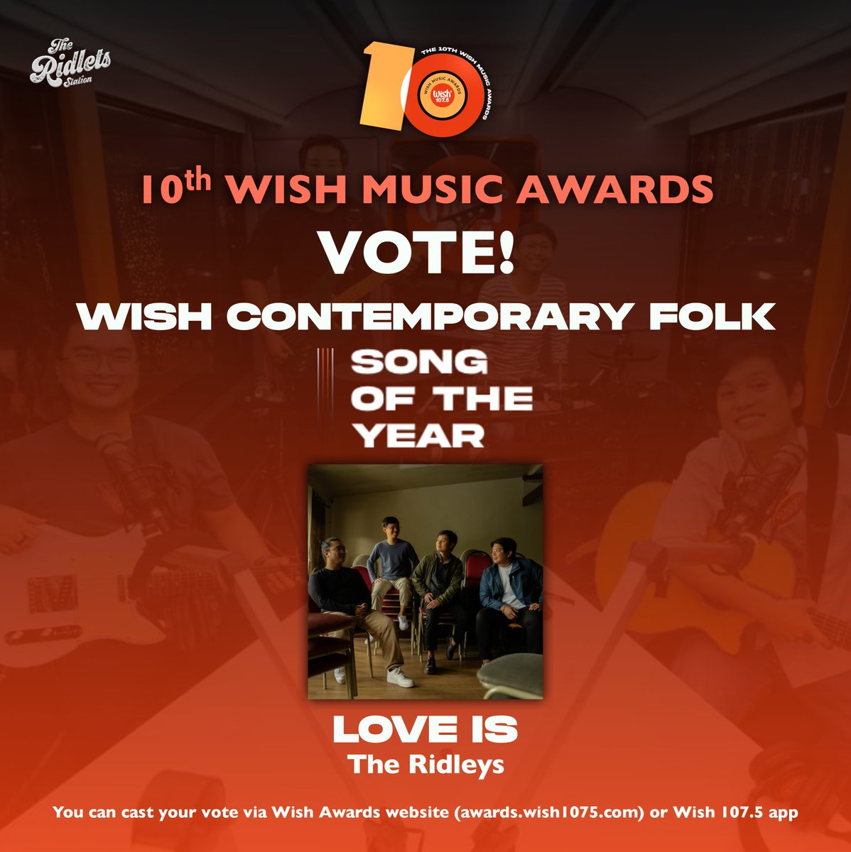 ridletstationph's tweet photo. Hey, Ridlets! 📣

Here's a gentle reminder for you to vote for @TheRidleysMusic's 'Love Is' as Wish Contemporary Folk Song of the Year on the 10th @Wish1075 Music Awards 2024. 🚍🤍

You can cast your vote via Wish Awards website (https://t.co/9TOgUv7dLT) or Wish 107.5 app. https://t.co/jGrxivFQau