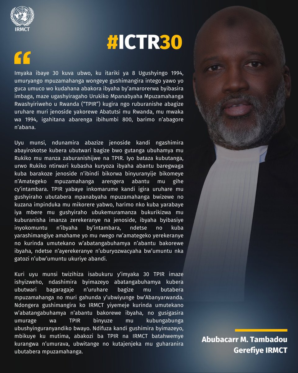 unirmct's tweet photo. #IRMCT Registrar Abubacarr M. Tambadou reflects on the 30th anniversary of the establishment of the International Criminal Tribunal for Rwanda.
#ICTR
#ICTRLegacy
#InternationalJustice
#EndingImpunity
#30YearsOfJustice https://t.co/1yFAEWiokR