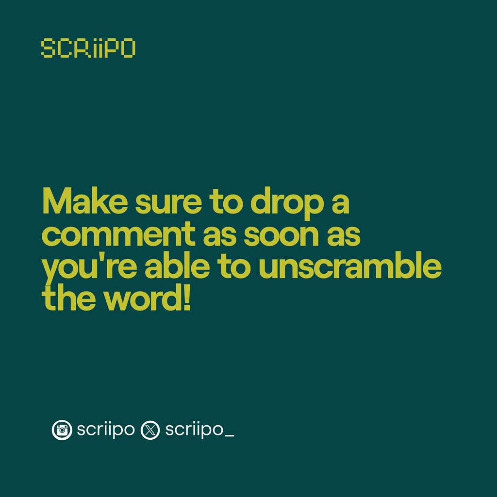 scriipo_'s tweet photo. Let’s see how fast you’re able to unscramble the word. Make sure to drop a comment as soon as you’re able to unscramble the word!

#wordscramble #unscramble #scriipo #Creatives https://t.co/ZJJlbG5yFt