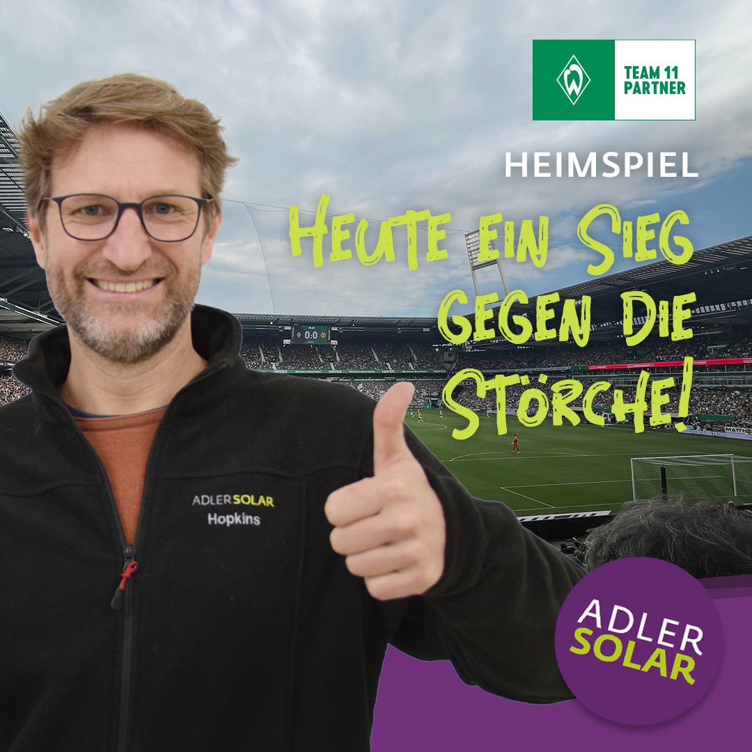 adlersolar's tweet photo. Heute geht es gegen die Störche aus Kiel beim Heimspiel im #Weserstadion. Wir freuen uns auf den ersten Auftritt der Kieler am Osterdeich und natürlich auf einen Heimsieg unserer Mannschaft 💚🤍 @werderbremen 

#Werder #WerderBremen #Team11 #Partner #Solarexperten #ADLERSolar https://t.co/EuDE8dDYan