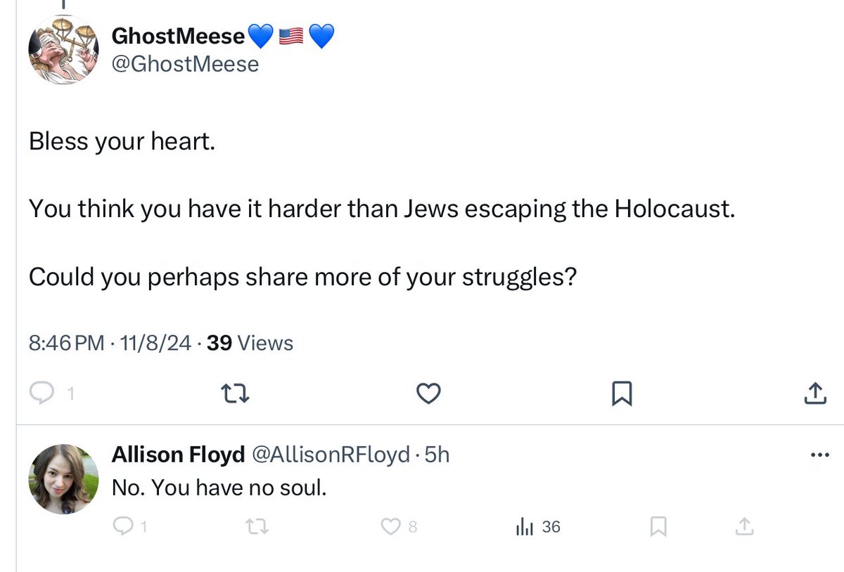 GhostMeese's tweet photo. This is Allison.  Allison thinks that people who talk about leaving to escape fascism don’t understand her “struggle”.  She thinks the Holocaust survivors had it easy compared to her.  

Allison is a fucking cunt.  Don’t be an Allison. https://t.co/o7orzR5Qki