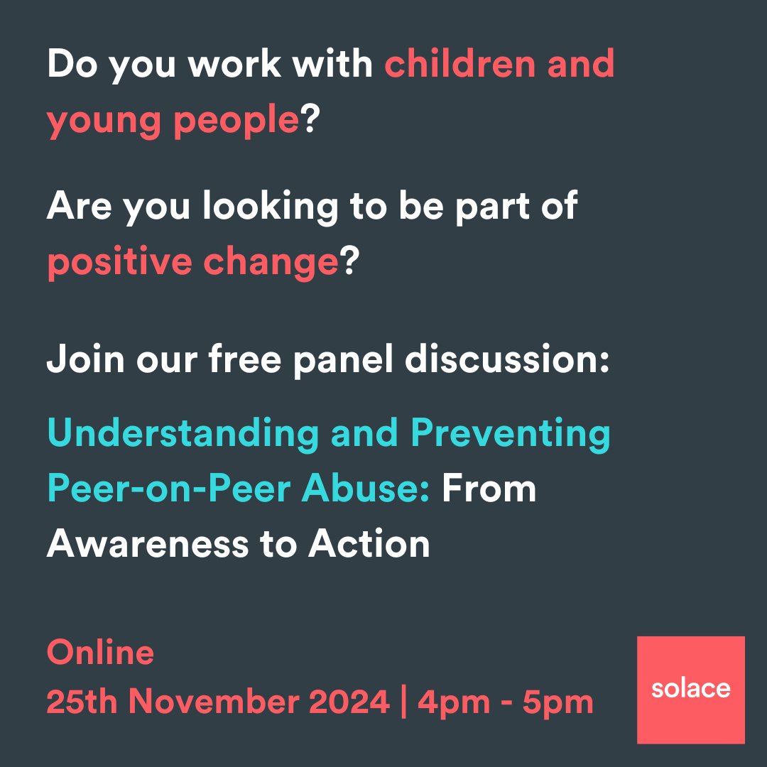 Do you work with children and young people?
Listen to our panel of experts exploring how to tackle peer-on-peer abuse and create safer, more supportive environments. 25th November, 4-5pm. Free tickets here: eventbrite.co.uk/e/understandin…
#16DaysOfActivism #NoExcuse #EndVAWG