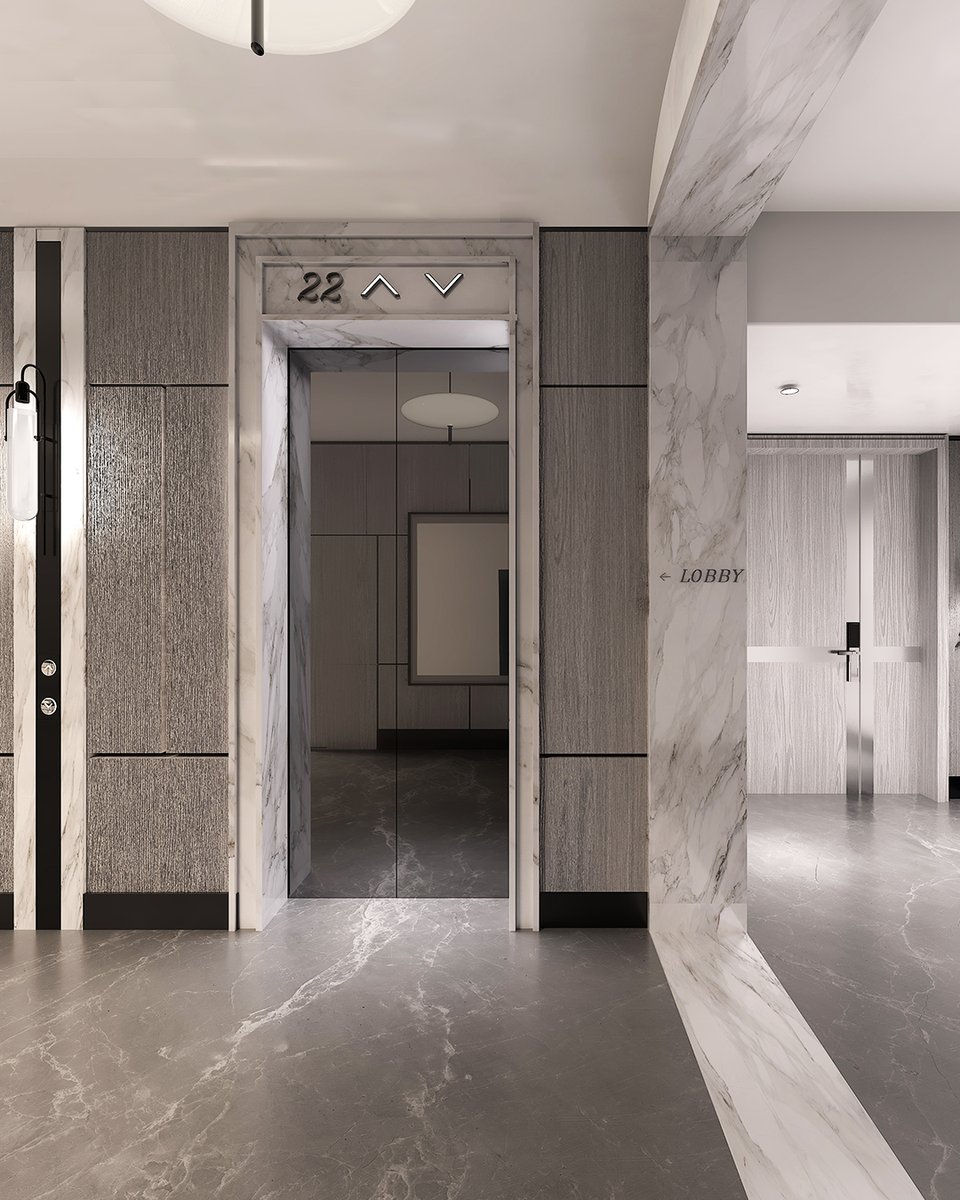 kellyhoppen's tweet image. Elevator design, along with surrounding hallways and lobbies, is as important as any space. Thoughtful lighting, art, and layered textures of marble, stone, and wood create a sophisticated, moody atmosphere.

#ElevatorDesign #ModernLuxury #InteriorAtmosphere