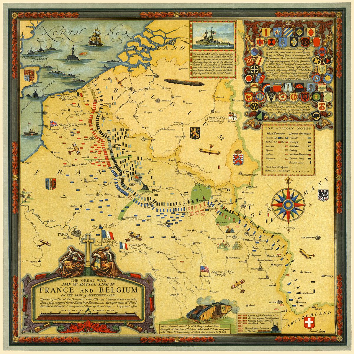 Battlemapsus's tweet image. WWI Map of France and Belgium, Western Front, 1918 | A decorative map of France and Belgium, showing American involvement and Allied operations in the Hundred Days Offensive of 1918, during World War I. Battlemaps.us #history #WWI #GreatWar battlemaps.us/products/europ…