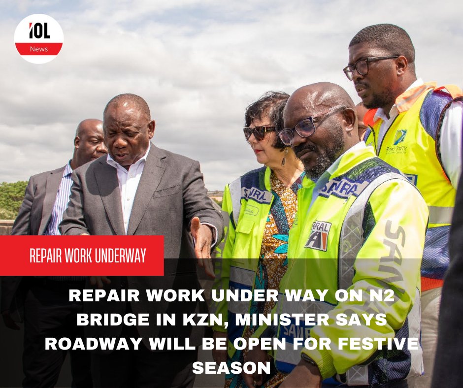 IOL's tweet image. Transport Minister Barbara Creecy says repair work will get under way on KwaZulu-Natal's N2 soon with the hopes of the roadway being re-opened from the beginning of December for the festive season.
Article by Se-Anne Rall 
#news #SANRAL #KZN #roadsafety #cyrilramaphosa
