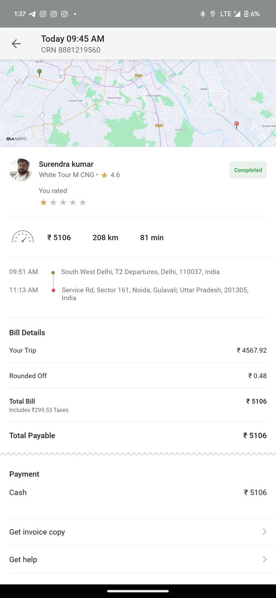 sagar_space's tweet photo. Charged ₹5106 for a 50kms trip. Pathetic @Olacabs . And you have gangsters posed as drivers https://t.co/x1ktawkFvD