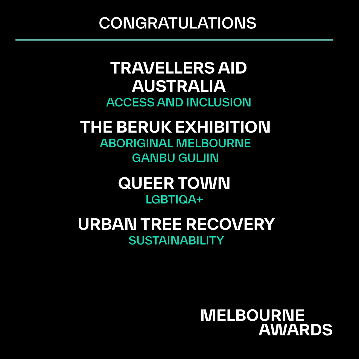 City of Melbourne (@cityofmelbourne) on Twitter photo Congrats to our first #MelbourneAwards category winners of the night!
βΏοΈ Access and Inclusion β <a href="/TravellersAid/">Travellers Aid</a>
π£ Aboriginal Melbourne β ganbu guljin β Wurundjeri Woi-wurrung Cultural Heritage Aboriginal Corporation
π³οΈβπ LGBTIQA+ β Queer Town
π± Sustainability β Revival Projects Congrats to our first #MelbourneAwards category winners of the night!
βΏοΈ Access and Inclusion β <a href="/TravellersAid/">Travellers Aid</a>
π£ Aboriginal Melbourne β ganbu guljin β Wurundjeri Woi-wurrung Cultural Heritage Aboriginal Corporation
π³οΈβπ LGBTIQA+ β Queer Town
π± Sustainability β Revival Projects