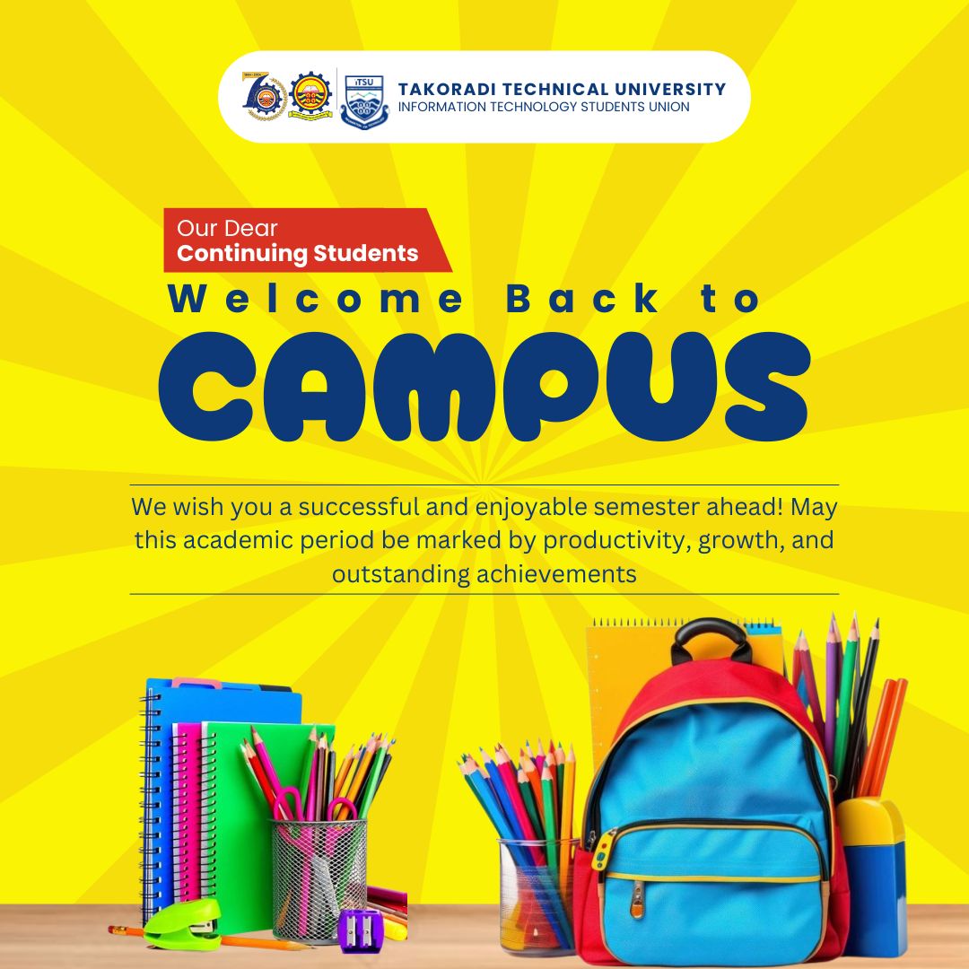 itsu_ttu's tweet photo. Welcome back to Takoradi Technical University!
To all our continuing students, especially our innovative IT students! Wishing you a wonderful semester ahead, filled with learning, growth, and achievements. Learn and be productive! 
Information via Technology! https://t.co/vYl7ZChIif