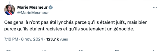 marika_bret's tweet photo. Marie Mesmeur, 30 ans, éducatrice spécialisée, doctorante en sociologie, élue députée #LFI après la purge de son prédécesseur👇
"Ces gens-là", -lynchés à Amsterdam par une milice punitive contre les juifs- : des "racistes et soutien du génocide".
Propos d'une -extrême-😡gravité. https://t.co/xlD6P47Vae