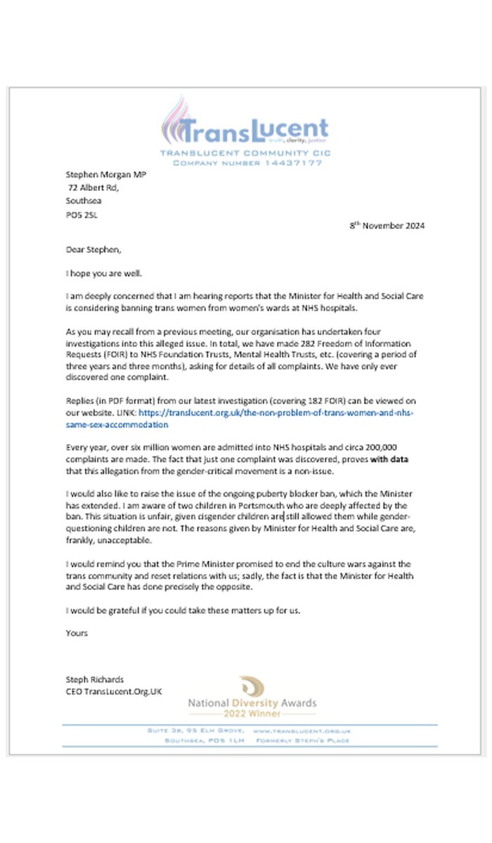TransLucent_Org's tweet image. We wrote to our MP yesterday and would advise other LGBT organisations, those in the trans community, and allies to do the same.

As our data clearly proves there are no issues with trans women occupying beds in women's wards at NHS hospitals.