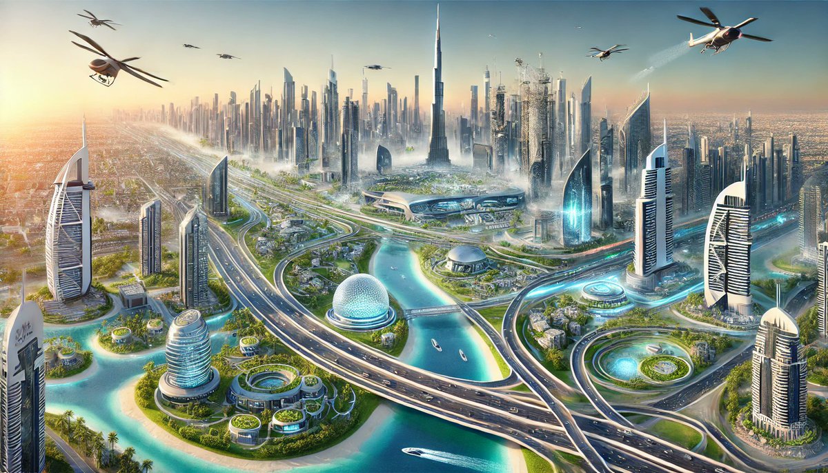 إليك صورة تعبيرية لمدينة دبي في عام 2030، تصور أفقاً مستقبلياً مليئاً بناطحات السحاب الحديثة، وتصاميم معمارية مبتكرة، وتكنولوجيا متطورة تشمل مركبات طائرة ومساحات خضراء واسعة، مع مبانٍ ذكية تعتمد على مصادر الطاقة المستدامة.