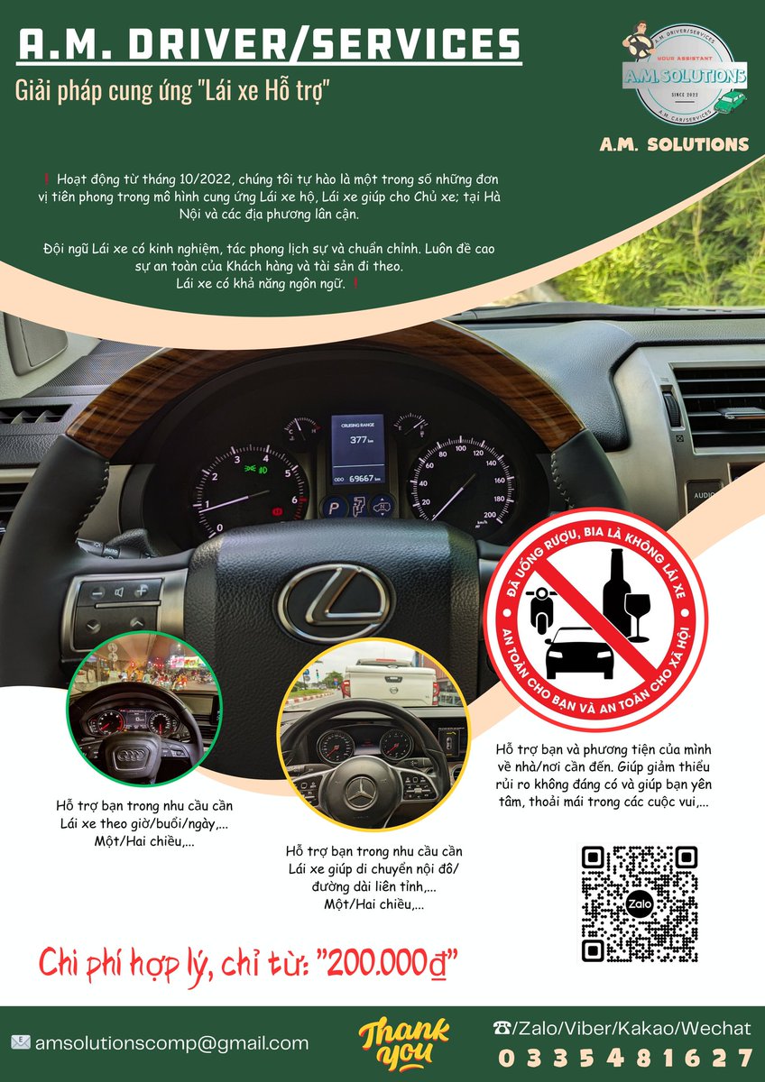 AMSolutionsComp's tweet image. A.M. Solutions - Your Assistant
A.M. Driver/Services - Giải pháp cung ứng Lái xe Hỗ trợ
☎️: 0️⃣3️⃣3️⃣5️⃣4️⃣8️⃣1️⃣6️⃣2️⃣7️⃣
Thank you!

#AMSolutions #DriverServices #LaiXeHoTro #LaiXe #BanUongToiLai #DontDrinkAndDrive Hanoi