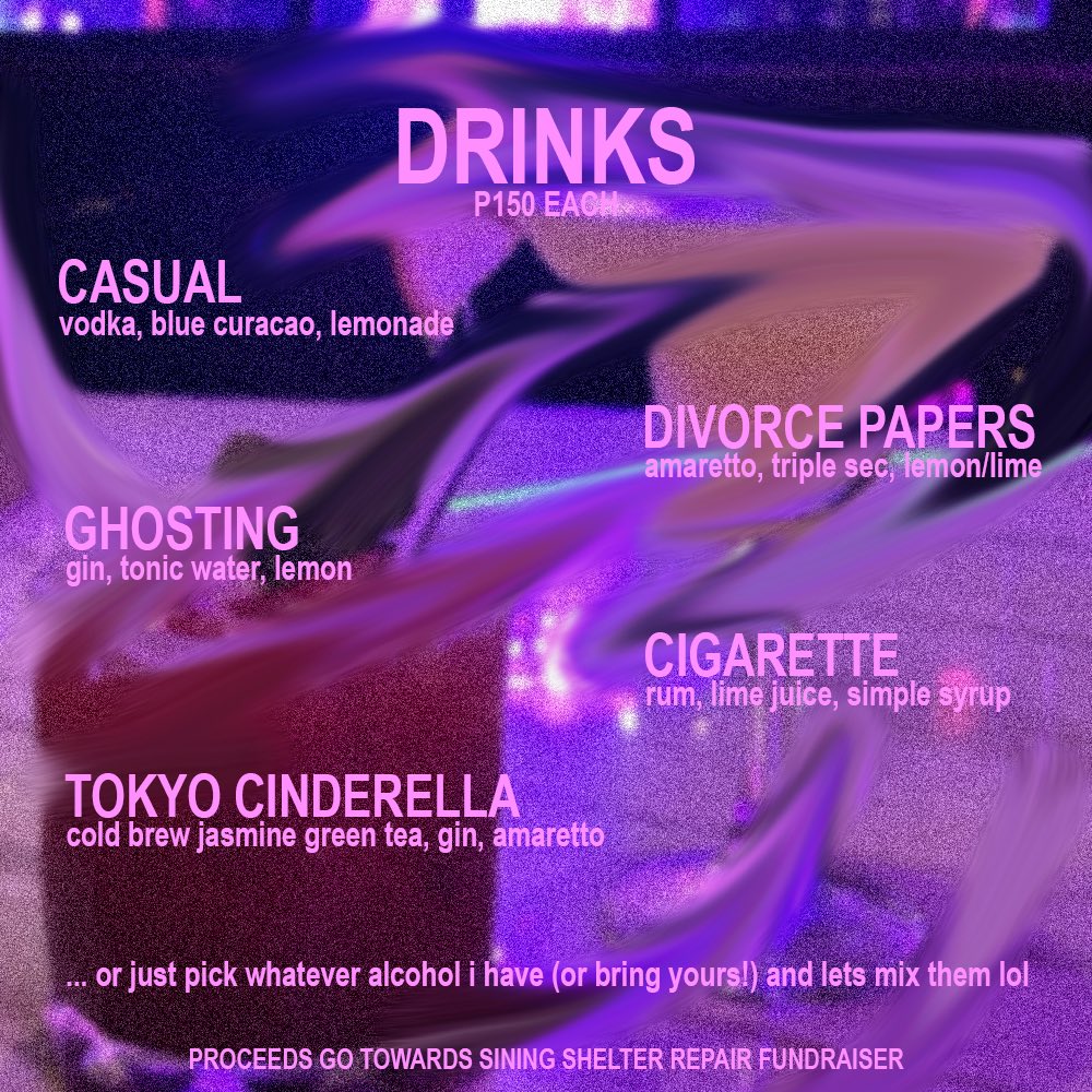 nothingprsnI's tweet photo. mixing cocktails tomorrow at @siningshelter's repair fundraiser! come drop by if you can 😌 https://t.co/trxcdBh9jK