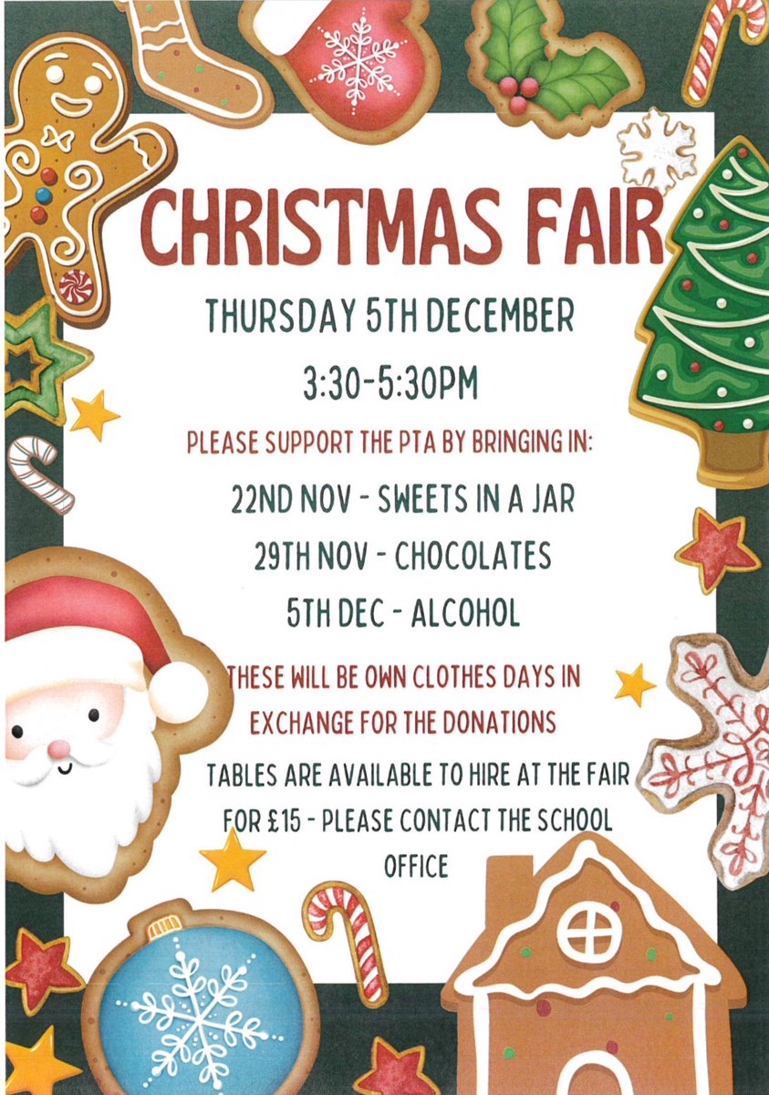 CheswickGreenPS's tweet photo. We are really excited for our Christmas Fair on Thursday 5th December between 3:30-5:30pm. To support our PTA, we will be having some non-uniform days in exchange for bringing in the items on the poster. We really appreciate your support with this. Thank you🎄 https://t.co/IL0pvPCqsR