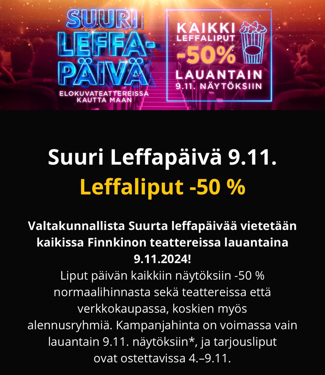 TabiCineFilms's tweet photo. Tänään on Finnkinon suuri leffapäivä! Kaikki elokuvaliput tämän päivän näytöksiin puoleen hintaan.
Vuokraperheiden kello 13:25 näytökseen mahtuu näemmä vielä jonkin verran katsojia, mutta ei kannata jäädä rannalle! https://t.co/sVmRBaXdE0