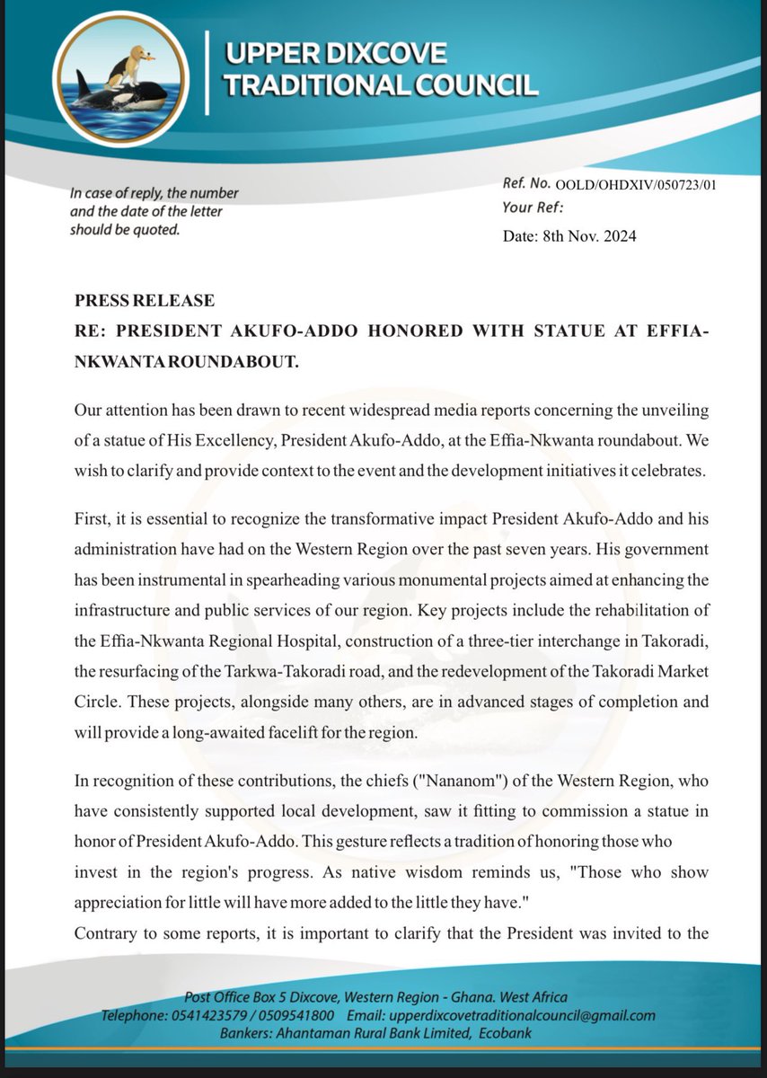 Gen_Buhari_'s tweet image. PRESS RELEASE

“AKUFO-ADDO STATUE AT EFFIA-NKWANTA ROUNDABOUT IS IN HONOUR OF WHAT HE HAS DONE FOR THE WESTERN REGION.” — TRADITIONAL COUNCIL 

“Our attention has been drawn to recent widespread media reports concerning the unveiling of a statue of His Excellency, President…