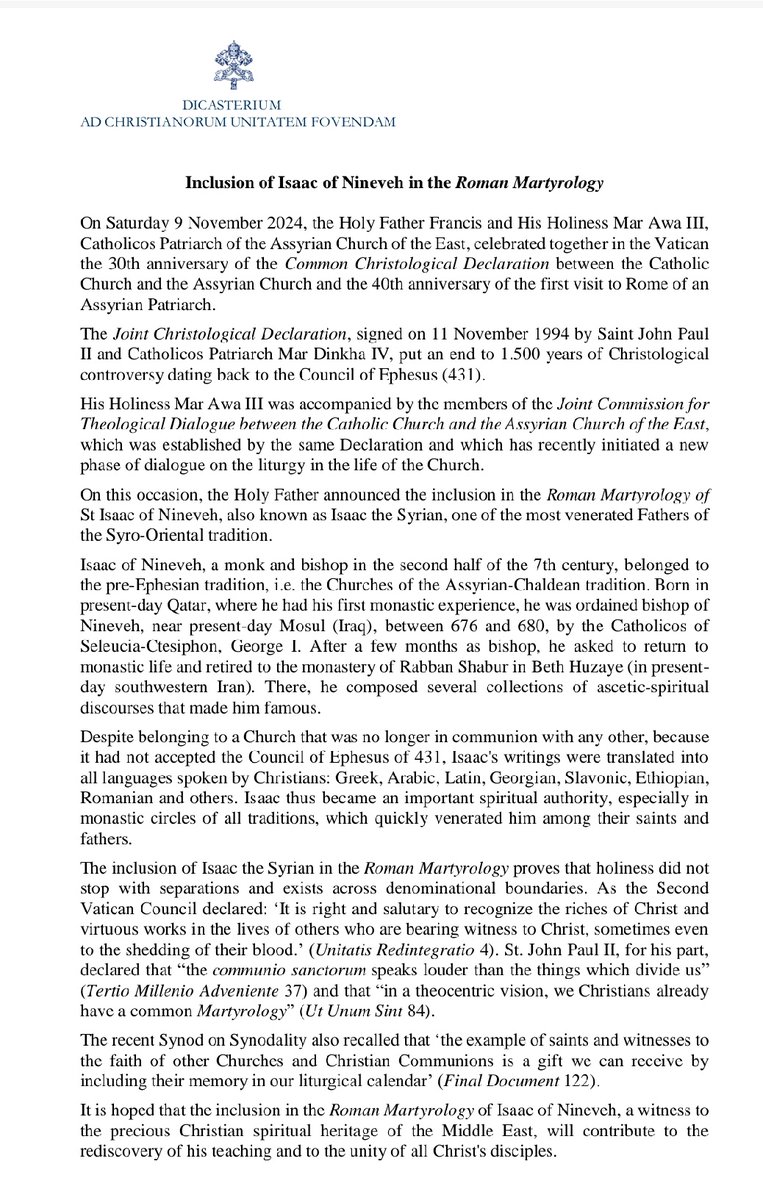 Pontifical Academy Life (@pontacadlife) on Twitter photo The Holy Father announced the inclusion in the Roman Martyrology of
St Isaac of Nineveh, also known as Isaac the Syrian, one of the most venerated Fathers of
the Syro-Oriental tradition. <a href="/HolySeePress/">Holy See Press Office</a> The Holy Father announced the inclusion in the Roman Martyrology of
St Isaac of Nineveh, also known as Isaac the Syrian, one of the most venerated Fathers of
the Syro-Oriental tradition. <a href="/HolySeePress/">Holy See Press Office</a>