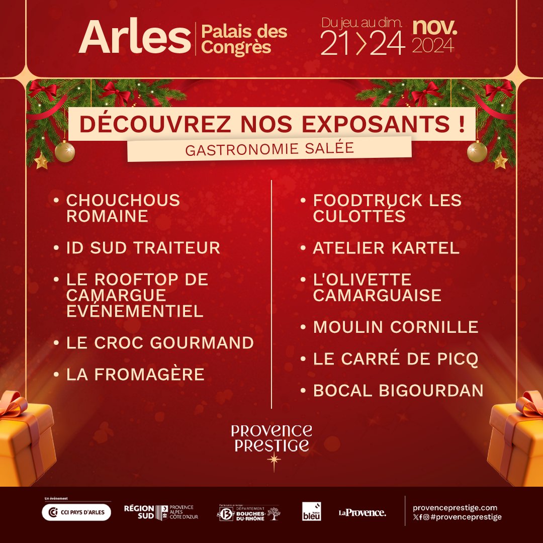 Provence Prestige 2024 : Découvrez nos exposants ! 🎉

Rendez-vous du jeudi 21 au dimanche 24 novembre au Palais des Congrès Arles, pour découvrir l'artisanat provençal 

#ProvencePrestige #GastronomieSalee #MadeInProvence #Arles #ÉvénementLocal