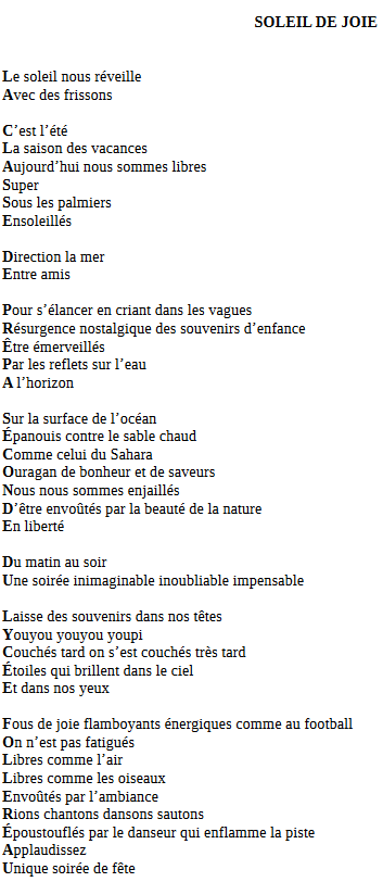lyceeFollereau's tweet photo. 🪶 « SOLEIL DE JOIE » C'est le titre qu'ont donné les 20 élèves de la classe de prépa-seconde du Follereau à leur texte poétique collaboratif.
👍 acrostiche récompensé au concours d'écriture le Lion à Plumes du Prix collectif "jeunes adultes".
👁️les 1res lettres de chaque vers ! https://t.co/6E1gHKo1SN