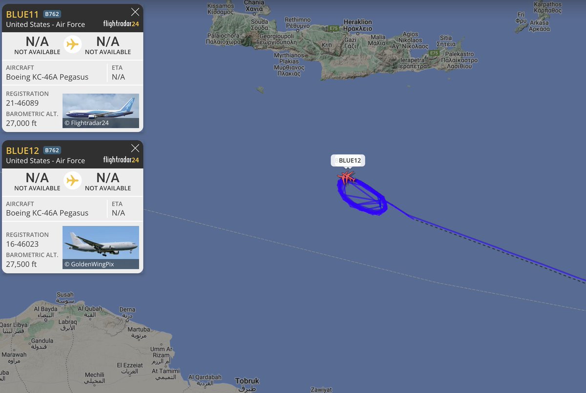 alternativewip's tweet image. #USAF 2x KC-46A pegasus tankers seen on the flight radar completing laps and circling over the mediterranean sea to the south of crete greece, departures from the middle east. #BLUE11 #BLUE12