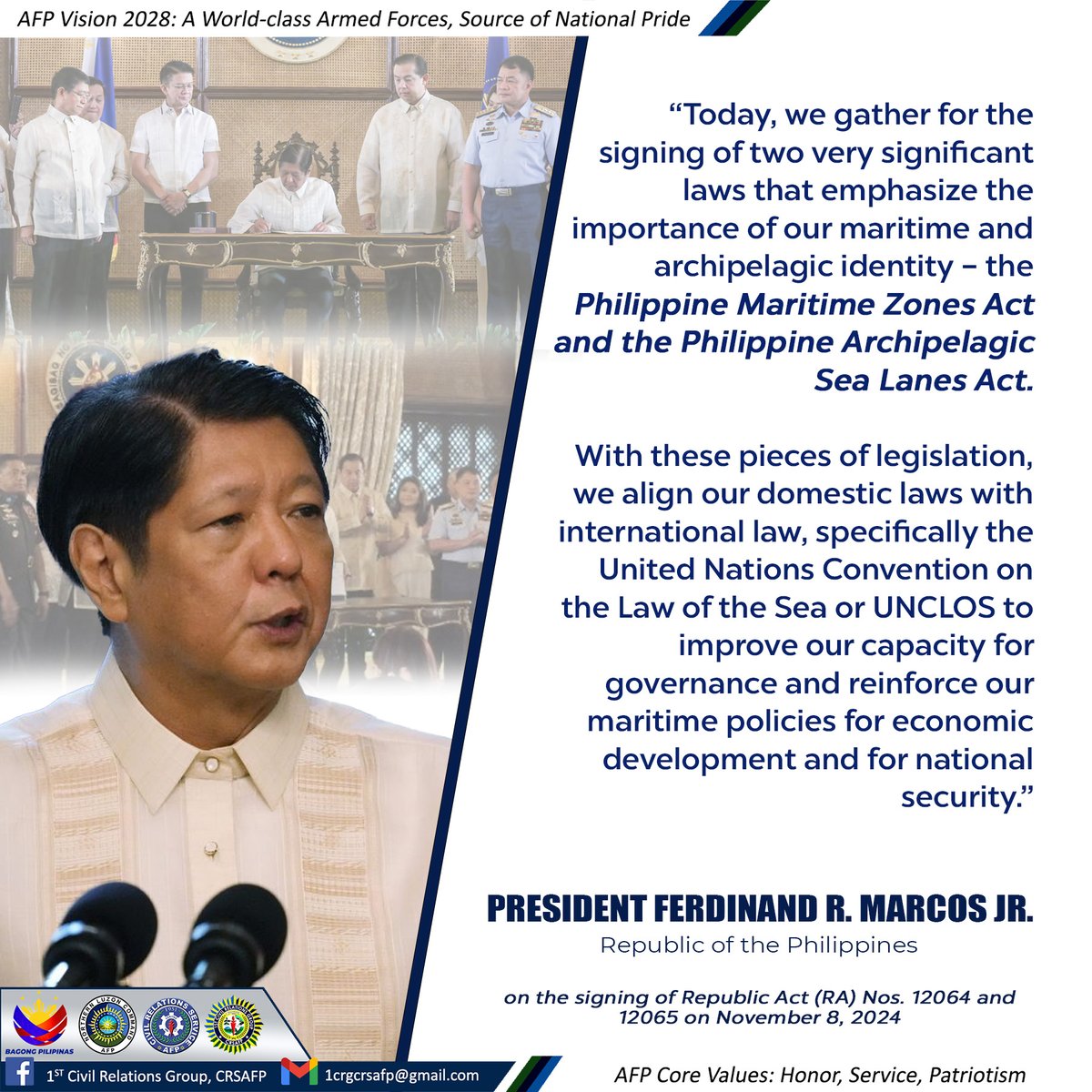 1CRGCRSAFP's tweet photo. PBBM INKS 2 LAWS REINFORCING PH RIGHTS OVER ITS MARITIME ZONES

President Marcos signed the Philippine Maritime Zones Act and the Philippine Archipelagic Sea Lanes Act, which, he said, are “significant laws that emphasize the importance of our maritime and archipelagic identity.” https://t.co/OZTQvcWgjX