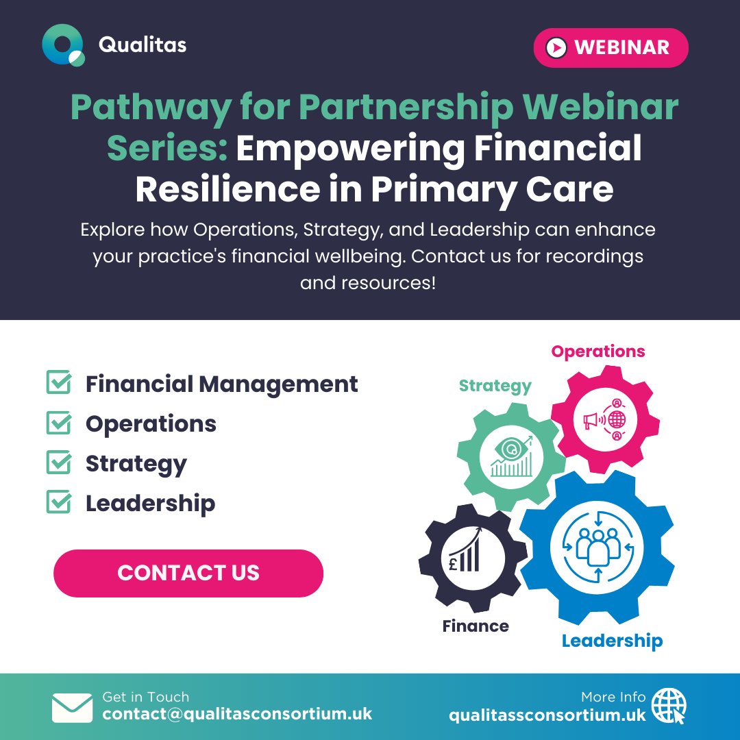 UKQualitas's tweet photo. 📢 Pathway for Partnership Webinar Series Complete! 📢

Thank you to all who joined! We covered Operations, Strategy, and Leadership to enhance your practice's financial wellbeing.

Missed any sessions? Contact us! 

📩 Contact: contact@qualitasconsortium.

#Qualitas #Webinar https://t.co/FyXvDNGEf8