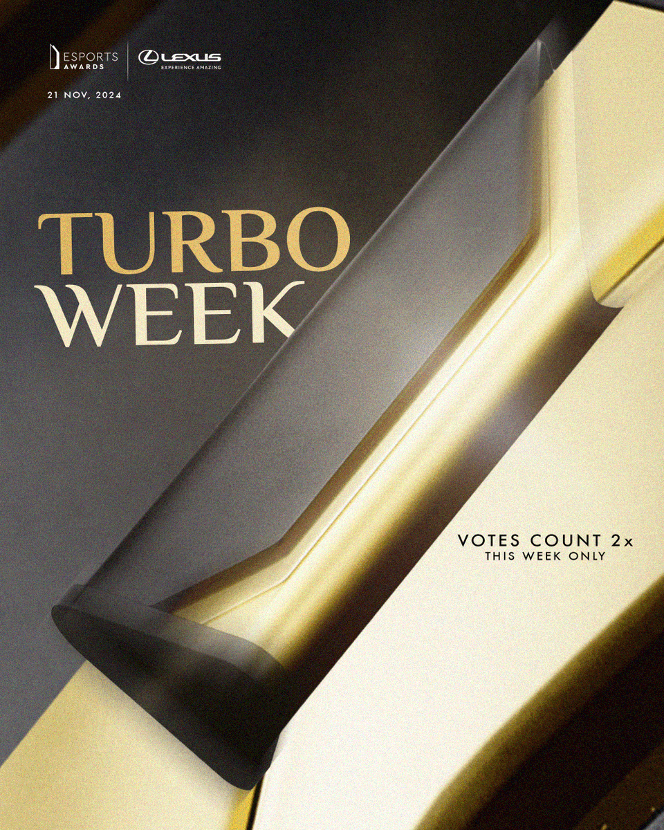 esportsawards's tweet image. 🚀 There are 5 days left for Turbo Week. Your vote now carries double the weight, so make it count! 

Support your favourites and vote daily until November 14!

🔗 Vote now: esportsawards.com/vote/ 

#EsportsAwards2024 #TurboWeek