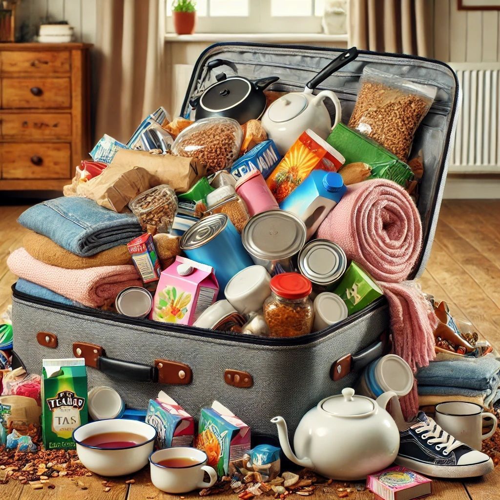 Layheadfarm's tweet photo. Packing for a self-catering cottage: half the house in suitcases, the other half in the ‘just-in-case’ pile! Do we need 8 types of tea and three frying pans? Yes. Yes, we do. 🧳☕🍳 #OverPrepared #PackingStruggles https://t.co/wEahzDwRJQ