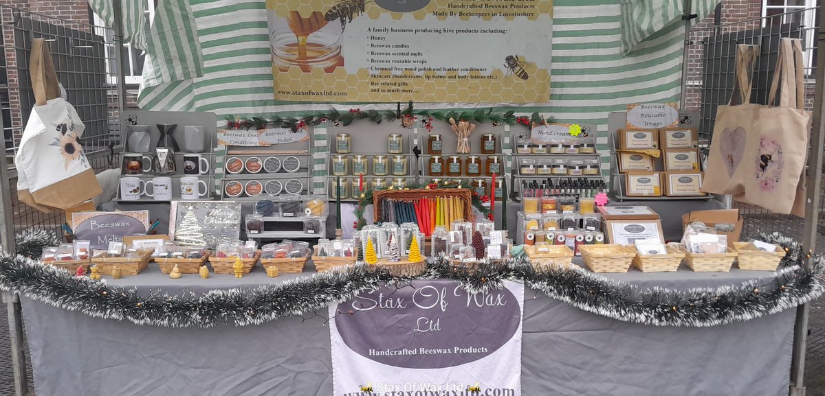 Good morning from Louth Market .
I have gone a little festive this morning and brought with me many of my festive candles , some gift hampers, wax melt advent calenders....   and all my usual beeswax and honey products. Hope you pop by if not have a fabulous weekend all the same