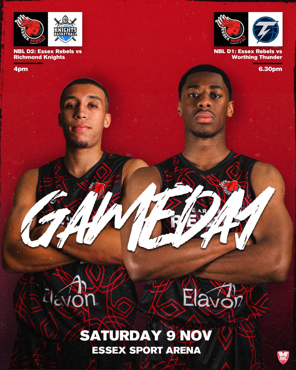 EssexRebels's tweet photo. IT’S GAMEDAY 😤
Join us at the Essex Sport Arena today as the Essex Rebels NBL D2 team takes on the Richmond Knights at 4 PM, followed by the Rebels D1 men facing Worthing Thunder at 6.30 PM!
🎟️ Grab your tickets here: https://t.co/s4H1cHHmcm
#UpTheRebs #WeAreRebels https://t.co/l1YdFktNG1