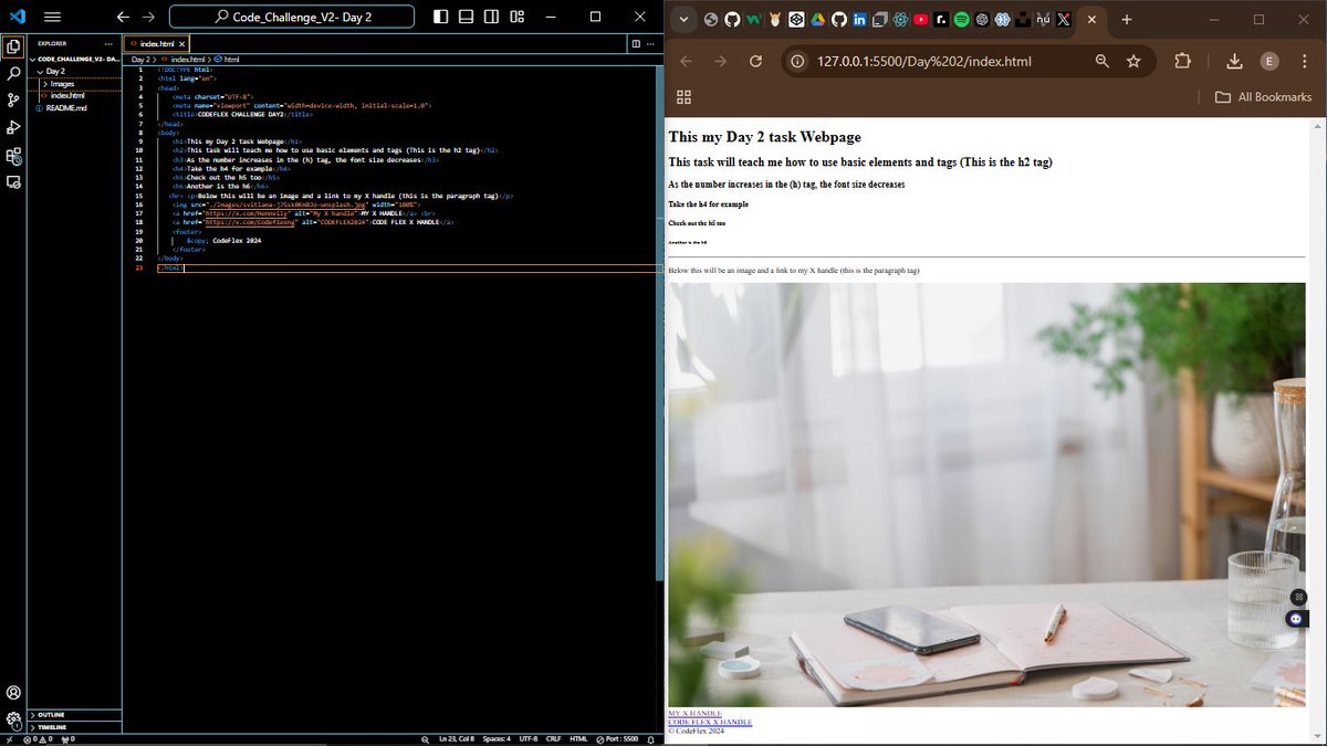 Henneiiy's tweet photo. Day 2 task has been submitted. The goal was to use basic html tags and structure. @Codeflexng , #Codeflex2024 #30DaysCodeBootcamp #ChallengeAccepted. https://t.co/dEYlsl4E0R
