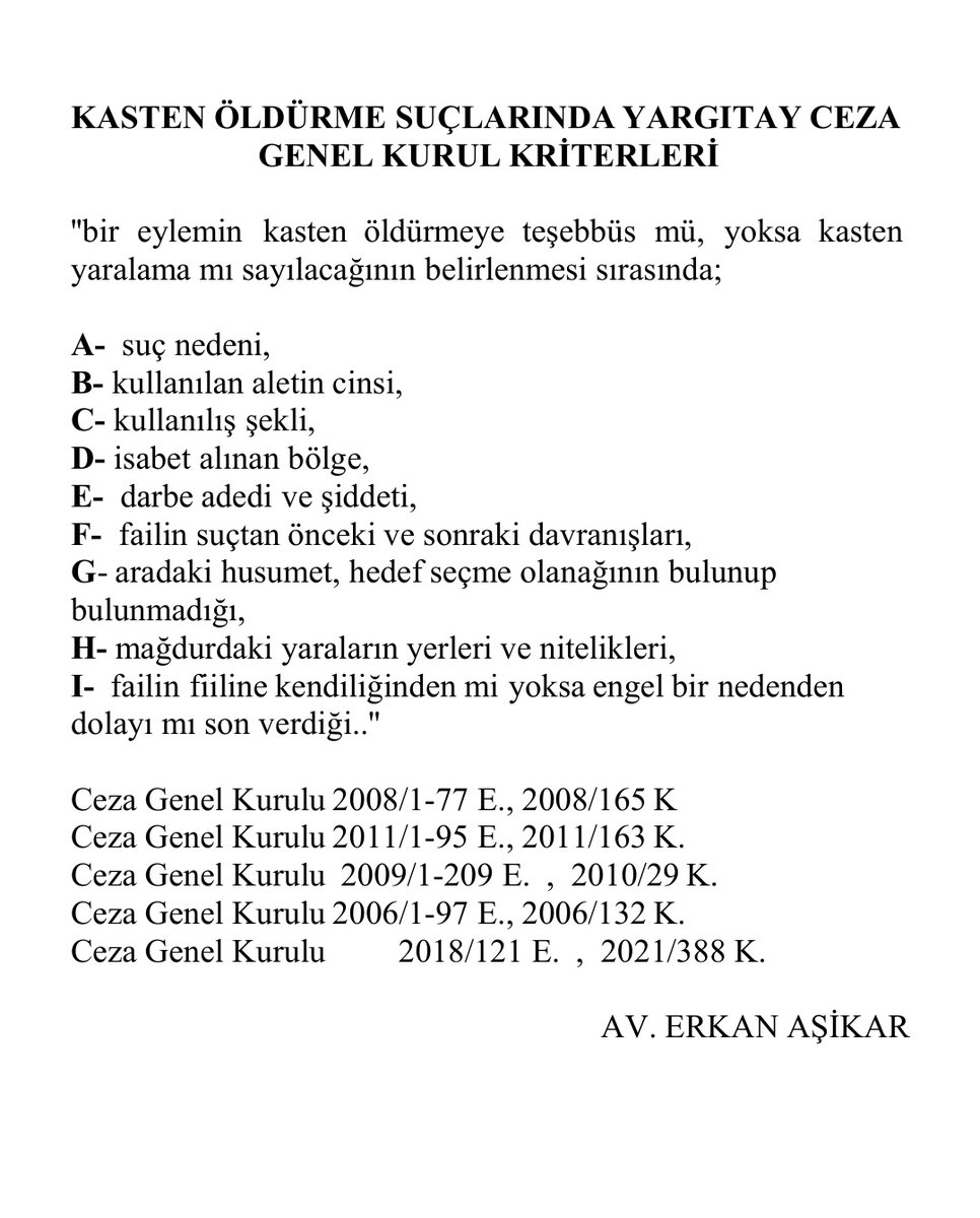 Değerli Arkadaşlar, bu ara medyaya da çokça yansıyan Kasten Öldürme Suçlarında Yargıtayın Önem Verdiği Kriterlerini derlemeye çalıştım, faydalı olur umarım 🙏📌